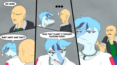 annoyed anthro bald biped blue_body blue_hair bodily_fluids chain_necklace clothed clothed_anthro clothed_female clothed_human clothed_male clothing dialogue duo ellipsis eyebrow_piercing eyebrow_ring eyes_mostly_closed facial_piercing facial_tattoo female frown green_clothing green_shirt green_topwear grey_background grey_clothing grey_eyes grey_jacket grey_topwear hair head_turned highlights_(coloring) insulting_another jacket jewelry looking_at_another looking_back male motion_lines narrowed_eyes necklace nervous open_clothing open_frown open_jacket open_mouth open_topwear piercing profanity purple_hair ring_piercing shirt short_hair simple_background speech_bubble sweat sweatdrop talking_to_another tattoo text topwear white_clothing white_shirt white_topwear fuegosonic93 cavemanon_studios goodbye_volcano_high ko_op_(game_developer) snoot_game anon_(snoot_game) nick_(gvh) baryonyx dinosaur human mammal prehistoric_species reptile saurischian scalie spinosaurid theropod 16:9 4k absurd_res colored comic english_text hi_res widescreen