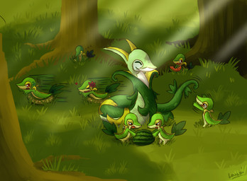 ambiguous_gender detailed_background eating eyes_closed feral food forest fruit group heart_symbol melon nature outside plant running serpentine sleeping tree watermelon lauzi nintendo pokemon generation_5_pokemon pokemon_(species) serperior snivy 2011 absurd_res hi_res signature