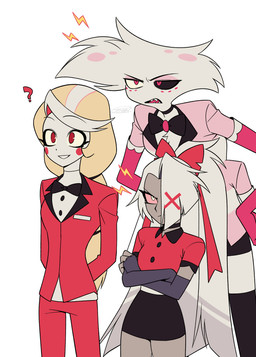 4_arms clothed clothing female group hair hair_over_eye male multi_arm multi_limb question_mark simple_background trio white_background enaic31 hazbin_hotel hellaverse angel_dust lucifer_(hazbin_hotel) vaggi_(hazbin_hotel) angel arachnid arthropod demon demon_humanoid fallen_angel humanoid spider absurd_res hi_res