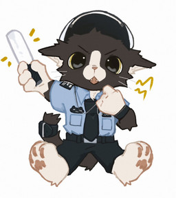 3_toes anthro bared_fangs black_body black_eyes black_fur black_necktie blue_dress_shirt chibi clothing cute_fangs fangs feet fur kemono looking_at_viewer male multicolored_eyes necktie officer officer_uniform pawpads pink_pawpads police police_hat police_officer police_uniform solo teeth toes uniform white_body white_fur yellow_eyes asenjian domestic_cat felid feline felis mammal 2025