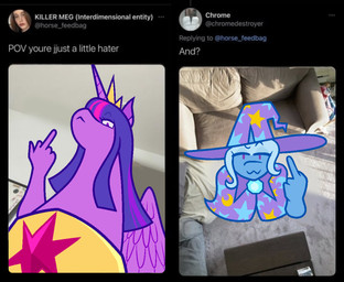anthro cape clothing duo female gesture hand_gesture hat headgear headwear horn middle_finger photo regalia text wings wizard_hat dapper_lil_arts friendship_is_magic hasbro my_little_pony mythology trixie_(mlp) twilight_sparkle_(mlp) equid equine mammal mythological_creature mythological_equine unicorn winged_unicorn english_text meme