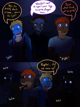 2_horns 2_panel_comic 5_fingers accessory anthro back_to_back belt biped black_bottomwear black_clothing black_horn black_nose black_pants black_shirt black_topwear blue_body blue_clothing blue_shirt blue_skin blue_topwear bottomwear brown_body brown_fur brown_hair clenched_teeth clothed clothing collared_shirt crop_top dark darkness dialogue door dress_shirt ellipsis fangs fingers front_view fully_clothed fur green_clothing green_eyes green_shirt green_topwear grey_body grey_eyes grey_fur grin group growling hair hat headband headgear headwear horn inside laugh long_sleeve_shirt looking_at_another looking_back looking_back_at_another male membrane_(anatomy) membranous_wings multicolored_body multicolored_skin open_mouth orange_eyes overalls pants purple_clothing purple_headband purple_overalls question_mark railcar red_clothing red_hair red_hat red_headwear shirt short-sleeve_shirt side_view smile speech_bubble standing tan_body tan_skin teeth text tongue topwear torn_clothing torn_shirt torn_topwear train two_tone_body two_tone_skin vehicle white_clothing white_hair white_shirt white_topwear wings yellow_eyes fuze european_mythology mythology magma_(fuze) sharp_(fuze) ambiguous_species canid dragon mammal mouse murid murine mythological_creature mythological_scalie rodent scalie western_dragon 2024 3:4 comic compression_artifacts digital_drawing_(artwork) digital_media_(artwork) english_text hi_res multiple_scenes