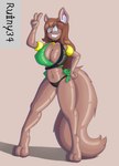 anthro big_breasts breasts brown_body clothing dipstick_tail female gesture glistening glistening_body hair hand_gesture inner_ear_fluff jewelry laboratory latex long_hair markings necklace smile solo standing swimwear tail tail_markings tuft v_sign ruiny34 zailex canid canine canis mammal wolf