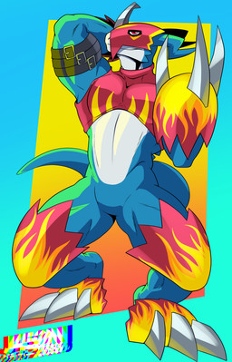anthro male muscular null presenting solo j450n2080 bandai_namco digimon mythology digimon_(species) dragon flamedramon mythological_creature mythological_scalie scalie absurd_res hi_res