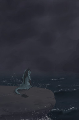 ambiguous_gender anthro black_body black_fur blue_eyes fur grey_body grey_fur mouth_closed narrowed_eyes nude rear_view sitting solo tail tail_tuft tuft unsigned water kardinaluz