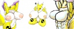 anthro big_breasts black_sclera breasts dipstick_tail female fur genitals inverted_nipples markings muscular muscular_anthro muscular_female nipples pussy solo tail tail_markings white_body white_fur yellow_body yellow_fur shinooka bandai_namco digimon canid canine digimon_(species) mammal renamon