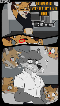 anthro clothed clothing collared_shirt confusion countershade_face countershading dialogue dipstick_ears dress_shirt duo ear_markings fur gloves_(marking) grey_body grey_fur male markings midriff multicolored_ears one_eye_closed open_mouth orange_body orange_fur question_mark shirt t-shirt text topwear yawn suitedwolfie balthy_(suitedwolfie) k_(suitedwolfie) canid canine canis fox mammal northwestern_wolf red_fox true_fox wolf absurd_res comic english_text hi_res