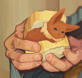 5_fingers ambiguous_gender bodily_fluids bread brown_body brown_eyes brown_fur brown_inner_ear brown_nose duo feral fingers food fur holding_another mouth_closed neck_tuft sandwiched size_difference tan_body tan_fur tears teary_eyes tuft nepentz nintendo pokemon eevee generation_1_pokemon human mammal pokemon_(species) 2026 absurd_res hi_res icon