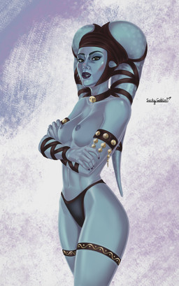 areola armlet blue_body blue_skin breasts brown_eyes choker clothing crossed_arms eyebrows eyelashes female jewelry lekku_(anatomy) necklace nipples not_furry panties solo thighlet underwear sticky_goblin star_wars aayla_secura alien alien_humanoid humanoid twi'lek absurd_res hi_res