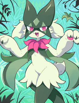 3_fingers ambiguous_gender anthro claws fingers fur green_body green_claws green_fur inner_ear_fluff looking_at_viewer mask open_mouth pink_eyes pink_nose plant solo tail tuft komanyachi nintendo pokemon generation_9_pokemon meowscarada pokemon_(species) absurd_res colored digital_drawing_(artwork) digital_media_(artwork) hi_res shaded