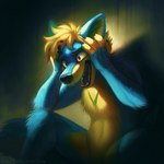 anthro black_nose blonde_hair blue_body blue_fur fangs featureless_crotch fur green_markings hair insane male markings nude open_mouth purple_eyes short_hair simple_background sitting solo teeth yellow_body yellow_fur mylafox canid canine mammal 1:1 2023 hi_res