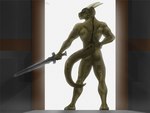 anthro back_towards_viewer butt butt_pose green_body green_scales hand_on_side holding_melee_weapon holding_object holding_sword holding_weapon light looking_at_viewer looking_back looking_back_at_viewer male melee_weapon muscular muscular_anthro muscular_male nude nude_anthro nude_male pose rear_view scales smile smiling_at_viewer smirk smirking_at_viewer solo standing standing_in_doorway sword tail tail_aside weapon archshen bethesda_game_studios microsoft skyrim the_elder_scrolls shen_(archshen) argonian lizard reptile scalie full-length_portrait hi_res lighting portrait