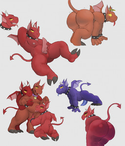all_fours animal_genitalia anthro big_butt biped bite blep bracelet butt collar collar_tag fingering genital_slit genitals group hooves jewelry male male/male membrane_(anatomy) membranous_wings nude_anthro nude_male orange_body orange_eyes penis purple_body red_body shoulder_bite slit_fingering spade_tail spiked_bracelet spiked_collar spikes tail tapering_penis tongue tongue_out trio wings yellow_sclera oekanuki terraria fire_imp_(terraria) imp 2026 digital_media_(artwork) hi_res