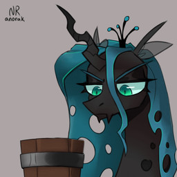 black_body blowing_bubbles bubble bucket container eyebrows female feral green_eyebrows green_eyes green_hair hair hole_(anatomy) solo anoraknr friendship_is_magic hasbro my_little_pony queen_chrysalis_(mlp) changeling_(mlp) 1:1 animated