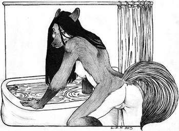 anthro bath bathroom butt female genitals looking_at_viewer nude presenting presenting_hindquarters solo tail vulva water unknown_artist unknown_artist_signature canid canine fox mammal 2005 black_and_white monochrome pen_(artwork) signature traditional_media_(artwork)