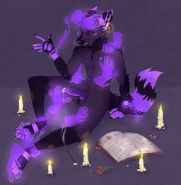 animal_genitalia anthro bodily_fluids book candle chain cum disembodied_hand genital_fluids genitals ghost_hand headpat knot leg_grab male purple_body solo paktan cay_(asweda) canid canine mammal maned_wolf hi_res