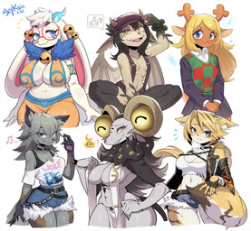 3_fingers 3_toes 4_fingers 5_fingers anthro antlers biped black_hair blonde_hair blue_claws blue_eyes blue_horn bottomwear bra breasts brown_body brown_fur brown_stripes brown_tail chest_tuft claws clothed clothed_anthro clothed_female clothing countershade_torso countershading crop_top crossgender eyelashes eyewear feet female finger_claws fingerless_gloves fingers freckled_face freckles front_view fully_clothed fully_clothed_anthro fully_clothed_female fur glasses glistening_eyelids gloves green_eyes grey_body grey_fur grey_hair grey_tail group hair handpaw handwear hat headgear headwear heterochromia horn legwear loincloth long_eyelashes looking_at_viewer markings midriff navel open_mouth open_smile pants partially_clothed partially_clothed_anthro partially_clothed_female paws piercing shirt simple_background sitting skirt smile standing striped_body striped_fur striped_markings striped_tail stripes suspenders tail tail_markings teeth thigh_highs toe_claws toes tongue tongue_out topless topless_anthro topless_female topwear tuft underwear white_background white_body white_fur white_hair white_tail wings wraps yellow_body yellow_eyes yellow_fur yellow_tail skykain atlyss deadlock_(game) deltarune elden_ring elden_ring_nightreign epic_games fortnite fromsoftware mihoyo undertale_(series) valve zenless_zone_zero angela_flux ivy_(deadlock) libra_creature_of_night noelle_holiday pulchra_fellini wolfie_(fortnite) bovid canid canine canis caprine deer felid feline gargoyle goat mammal thiren wolf 2026 digital_drawing_(artwork) digital_media_(artwork) hi_res