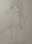 anthro armor asian_clothing big_eyes clothing east_asian_clothing eyebrows fundoshi fur hair japanese_clothing kemono looking_at_viewer male melee_weapon navel nipples open_mouth simple_background solo sword underwear weapon young young_anthro young_male kurokiriririri unknown_species monochrome sketch