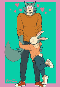 5_fingers anthro arm_tuft black_nose blush blush_lines bottomwear cheek_tuft claws clothing countershading duo elbow_tuft eyebrow_scar eyebrows eyes_closed facial_scar facial_tuft fingers fluffy fluffy_tail footwear front_view fur green_body green_fur grey_body grey_fur grey_skin hair heart_eyes heart_symbol hug long_ears male pants scar shirt shoes smile standing tail tail_motion tailwag topwear tuft white_body white_fur white_skin murizy beastars haru_(beastars) legoshi_(beastars) canid canine canis domestic_rabbit dwarf_rabbit lagomorph leporid mammal oryctolagus rabbit wolf 2025 absurd_res animated colored hi_res short_playtime