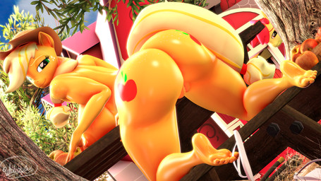 anthro apple areola barn bent_over big_areola big_breasts big_butt blonde_hair breasts butt clothing curvy_figure cutie_mark detailed_background eyelashes feet female fingers food freckled_butt freckles fruit fur genitals green_eyes hair hat headgear headwear hourglass_figure huge_breasts huge_butt humanoid_feet looking_at_viewer looking_back loose_footwear nipples nude orange_body orange_eyes orange_fur outside plant plantigrade rear_view red_hair shoe_dangle smile soles solo text thick_thighs toes vulva wide_hips yellow_body yellow_fur whiteskyline friendship_is_magic hasbro my_little_pony apple_bloom_(mlp) applejack_(mlp) equid equine horse mammal pony 16:9 2021 3d_(artwork) 4k absurd_res artist_name digital_media_(artwork) hi_res signature source_filmmaker_(artwork) widescreen