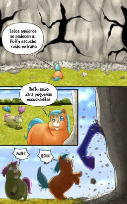 ambiguous_feral ambiguous_gender blue_body blue_eyes blue_fur blue_hair blue_tail brown_hair brown_tail cloud day dialogue feral fur grass green_body green_fur green_hair green_tail hair hole_(pit) hooves orange_body orange_fur pink_hair pink_hooves pink_tail plant purple_body purple_fur rock sky tail text young young_ambiguous young_feral inshi_(artist) fluffy_pony junji_ito_(copyright) the_enigma_of_amigara_fault equid equine fluffy_pony_(species) horse mammal 2023 absurd_res comic digital_media_(artwork) hi_res spanish_text