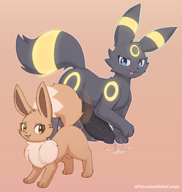 animal_genitalia animal_penis big_penis black_body black_fur black_nose blush blush_lines bodily_fluids brown_body brown_fur butt canine_genitalia canine_penis cheek_tuft chest_tuft circle_(marking) dipstick_tail duo erection eyebrows facial_markings facial_tuft feral feral_on_feral forehead_markings fur genital_fluids genitals head_markings huge_penis hyper hyper_genitalia hyper_penis larger_male male male/male markings open_mouth penis precum precum_squirt presenting presenting_hindquarters quadruped sheath size_difference smaller_male tail tail_markings tail_motion tan_markings teeth tongue tuft yellow_markings pancakesbakecakes nintendo pokemon eevee eeveelution generation_1_pokemon generation_2_pokemon pokemon_(species) umbreon absurd_res hi_res