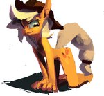 anthro anthrofied biped blonde_hair clothing cowboy_hat cutie_mark female fur hair hat headgear headwear looking_at_viewer mostly_nude orange_body orange_fur simple_background smile solo white_background derekireba friendship_is_magic hasbro my_little_pony mythology applejack_(mlp) earth_pony equid equine horse mammal mythological_creature mythological_equine pony 2012 digital_media_(artwork)