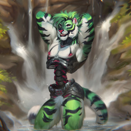 anthro cybernetics fangs featureless_crotch fur green_body green_fur green_hair hair hands_behind_head machine male markings nude partially_submerged red_eyes red_nose rock solo striped_arms striped_body striped_fur striped_legs striped_markings striped_tail stripes tail tail_markings teeth waterfall what white_body white_fur lostgoose felid mammal pantherine tiger 2023 dated hi_res signature