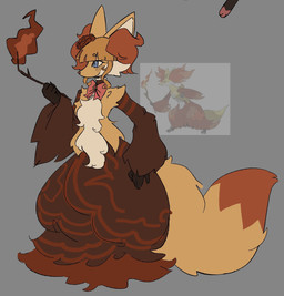 bangs blonde_hair blunt_bangs bow_tie female fire fur grey_background hair holding_object holding_stick pink_bow_tie reference_inset simple_background solo stick yellow_body yellow_fur dlanor_973 07th_expansion nintendo pokemon umineko_when_they_cry when_they_cry beatrice_(umineko) delphox generation_6_pokemon pokemon_(species) hi_res