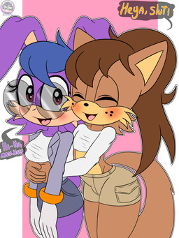 anthro blue_hair blush bottomwear brown_body brown_fur brown_hair cargo_shorts clothing denim denim_clothing dialogue duo eyes_closed eyewear female femboy fingerless_gloves freckled_face freckles fur glasses gloves greeting hair handwear hug hugging_another hugging_from_behind male male/female midriff open_mouth open_smile ponytail shirt shorts smile topwear sirjzau sega sonic_the_hedgehog_(series) fan_character canid canine fox lagomorph leporid mammal rabbit 3:4 absurd_res hi_res signature