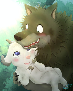 blue_eyes blush duo feral horn male male/male size_difference text toony whiskers white_body uivonocturno one_stormy_night gabu mei_(one_stormy_night) bovid canid canine canis caprine goat mammal wolf 4:5 absurd_res english_text hi_res huge_filesize