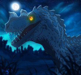 ambiguous_gender blue_markings feral glowing glowing_eyes grass grey_body looking_at_viewer markings night open_mouth outside plant pupils sharp_teeth sky slit_pupils snout solo teeth yellow_eyes puco2000 ceratosaurid ceratosaurus dinosaur prehistoric_species reptile saurischian scalie theropod 2022 absurd_res colored digital_drawing_(artwork) digital_media_(artwork) hi_res shaded