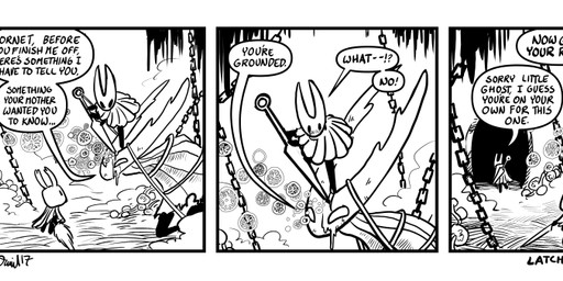 2_horns 3_panel_comic ambiguous_gender black_arms black_eyes black_legs black_text bound chain cloak clothed clothing dialogue ellipsis exclamation_point group holding_melee_weapon holding_object holding_weapon horn looking_at_another melee_weapon nail_(weapon) question_mark speech_bubble talking_to_another text thread trio walking weapon weapon_on_back p5ych hollow_knight_(franchise) team_cherry hollow_knight_(character) hornet_(hollow_knight) the_knight_(hollow_knight) arthropod infected_(species) vessel_(species) artist_name comic english_text monochrome female_(lore) half_sister_(lore) sibling_(lore) sister_(lore)