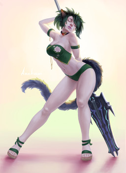 bottomwear breasts cat_tail clothing collar dancing exposure_variation female green_clothing green_hair hair jewelry melee_weapon necklace pole pole_dancing polearm solo spear swimwear weapon annham final_fantasy final_fantasy_xiv square_enix animal_humanoid cat_humanoid felid felid_humanoid feline feline_humanoid humanoid mammal mammal_humanoid miqo'te absurd_res digital_media_(artwork) hi_res shaded