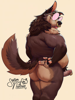 anthro belly big_belly big_penis biped blep brown_body brown_fur butt erection eyewear facial_piercing fingers fur genital_piercing genitals glans glasses hands_behind_back head_turned humanoid_genitalia humanoid_hands humanoid_penis logo looking_at_viewer looking_back male nose_piercing nose_ring nude nude_anthro nude_male overweight overweight_anthro overweight_male pawpads penis penis_piercing piercing prince_albert_piercing pubes rear_view ring_piercing round_glasses simple_background smile solo standing tail tan_background tan_body tan_fur text tongue tongue_out senor_nutria toroid canid canine canis domestic_dog mammal 2025 artist_logo artist_name hi_res portrait three-quarter_portrait