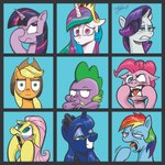 blue_background crown disgust facepalm female feral headgear horn looking_at_viewer male open_mouth silly_face simple_background smile smug_expression smug_face smug_grin solo tiara unicorn_horn andy_price friendship_is_magic hasbro my_little_pony mythology applejack_(mlp) fluttershy_(mlp) mane_six_(mlp) pinkie_pie_(mlp) princess_celestia_(mlp) princess_luna_(mlp) rainbow_dash_(mlp) rarity_(mlp) spike_(mlp) twilight_sparkle_(mlp) dragon equid equine horse mammal mythological_creature mythological_equine mythological_scalie pony scalie unicorn 1:1 bust_portrait headshot_portrait multiple_images portrait shaded