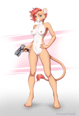 anthro biped blue_eyes breasts digitigrade female female_anthro fur genitals gun hair hand_on_hip holding_gun holding_object holding_ranged_weapon holding_weapon navel nipples nude nude_anthro nude_female pink_nipples ranged_weapon red_hair smile smiling_at_viewer solo standing tail tan_body tan_fur tan_tail vulva weapon unluckymireille ah'lina_the_lioness felid lion mammal pantherine digital_drawing_(artwork) digital_media_(artwork) hi_res