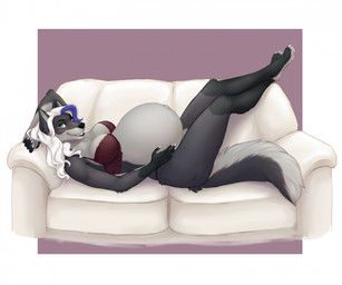 anthro bra breasts clothing female furniture hair highlights_(coloring) pregnant pregnant_anthro pregnant_female sofa solo underwear bodyxcount tareck_(wolf_form) canid canine canis mammal wolf hi_res