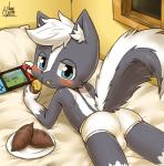 anthro bed blue_eyes blush bulge butt clothing electronics food fur furniture game_console hair male plant presenting presenting_hindquarters solo sweet_potato underwear vegetable white_body white_fur young young_anthro riroburo nintendo nintendo_switch kambu_the_skunk mammal mephitid skunk hi_res