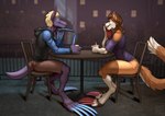 anthro big_feet black_clothing black_hoodie black_topwear blonde_hair blue_claws blue_clothing blue_eyes blue_shirt blue_topwear bottomwear brown_body brown_bottomwear brown_clothing brown_eyes brown_fur brown_hair brown_shorts cafe chair chin_on_paw city city_background claws clothing coffee_mug digitigrade duo ear_piercing ear_ring exposed_shoulder eye_contact fangs feet female fence fluffy fluffy_tail footwear fur furgonomic_footwear furgonomics furniture hair hoodie lips long_claws long_tail looking_at_another male male/female multicolored_body multicolored_fur orange_bottomwear orange_clothing orange_skirt painted_claws paisley_pattern piercing pointy_ears purple_body purple_clothing purple_shirt purple_skin purple_topwear red_claws red_lips ring_piercing sandals shirt shoes short_tail shorts side_view skirt slim smile sparkling_claws table tail teeth topwear two_tone_body two_tone_fur white_body white_fur longblueclaw mythology canid dragon mammal mythological_creature mythological_scalie scalie absurd_res blender_(artwork) digital_media_(artwork) hi_res