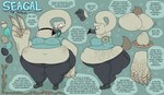 4_toes anthro beak belly big_belly biped bottomwear clothed clothing egg erect_nipples_under_clothes feathers feet female food footwear hair huge_belly long_neck navel nest obese obese_anthro obese_female open_mouth overweight overweight_anthro overweight_female pants paws shirt shoes short_hair simple_background solo speech_bubble text toes topwear gulpspooky seagal avian bird gull lari larid 2024 digital_media_(artwork) english_text hi_res model_sheet signature