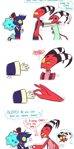 4_panel_comic aged_down angry anthro black_fingertips blue_body blue_clothing blue_feathers blue_shirt blue_topwear bodily_fluids bottomwear clenched_teeth clothing clown_costume cross-popping_vein dialogue feather_hair feathers finger_grab forehead_tattoo gesture green_clothing green_onesie group growling hand_focus handshake hat headgear headwear horn male nervous onesie pink_clothing pink_shirt pink_topwear pseudo_hair pushing pushing_another red_body red_bottomwear red_clothing red_shorts red_skin shirt shorts simple_background size_difference sleeveless_shirt small_hands striped_horn stripes suspenders sweat tail tail_feathers teeth text top_hat topwear trio white_background yelling young norithelord hellaverse helluva_boss asmodeus_(helluva_boss) blitzo_(helluva_boss) fizzarolli_(helluva_boss) avian avian_demon bird chicken demon galliform humanoid imp phasianid 2023 absurd_res artist_name comic english_text hi_res watermark