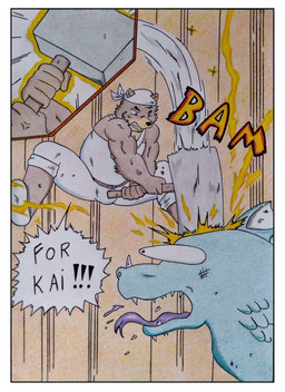 action_scene angry anthro attack attacked barazoku biceps black_nose boots border broken_teeth brown_body brown_boots brown_clothing brown_footwear brown_fur bulge clothed clothing comic_panel dialogue eyes_popping_out footwear fur hammer holding_object jumping male manly motion_lines multicolored_body multicolored_fur musclegut muscular muscular_anthro muscular_arms muscular_male onomatopoeia open_mouth overweight overweight_anthro overweight_male purple_tongue shoes simple_background sound_effects speech_bubble teal_body technique teeth text tongue tools violence weapon white_border white_clothing wounded dashthefox mythology marteau aquatic aquatic_dragon bear dragon mammal mythological_creature mythological_scalie scalie absurd_res comic english_text hi_res traditional_media_(artwork)