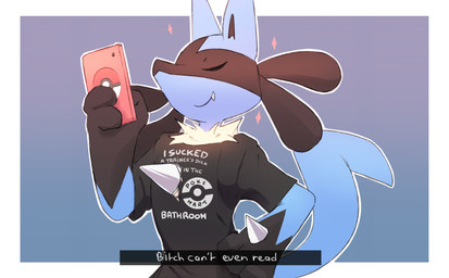 ambiguous_gender anthro black_clothing black_markings black_shirt black_topwear blue_background blue_body blue_fur cellphone chest_spike clothing electronics eyes_closed fangs fur gloves_(marking) markings multicolored_body multicolored_fur neck_tuft oblivious phone pokemorph profanity screencap shirt side_view simple_background smartphone smile snaggle_tooth social_media solo sparkles spiked_hands spikes spikes_(anatomy) suggestive_clothing suggestive_text t-shirt teeth text text_on_clothing text_on_shirt text_on_topwear topwear tuft celescario lucariolover448 nintendo pokemon generation_4_pokemon lucario pokemon_(species) english_text hi_res