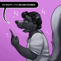 after_transformation anthro big_tail black_body black_fur black_hair black_lips black_nose blue_eyes claws clothing electronics fluffy fluffy_tail fur grey_body grey_clothing grey_fur grey_shirt grey_topwear hair holding_object holding_phone human_to_anthro lips looking_at_object looking_at_phone male open_mouth oversized_clothing phone shirt shrinking side_view simple_background size_transformation solo species_transformation speech_bubble tail teeth text topwear transformation miltonholmes skunktember mammal mephitid skunk 1:1 english_text