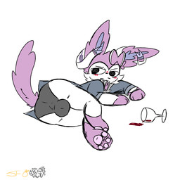 alcohol anthro backsack ball_bulge balls balls_outline beverage bulge butt clothed clothing container cup detailed_bulge drinking_glass drunk feral fur genital_outline genitals glass glass_container glass_cup lying male on_side paws pink_body pink_fur ribbons solo substance_intoxication underwear white_body white_fur wine wine_glass soothing_fanta movieunleashers nintendo pokemon starters_(movieunleashers) dr._sylveon canid canine eeveelution generation_6_pokemon mammal pokemon_(species) sylveon 1:1 hi_res