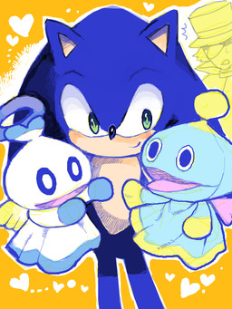 anthro biped blue_body blue_fur bodily_fluids clothing duo emanata fur green_eyes hat headgear headwear heart_symbol holding_object male orange_background puppet simple_background smile solo_focus standing sweat blblchiyori sega sonic_the_hedgehog_(series) sonic_unleashed sonic_the_hedgehog traveling_salesman_wentos chao_(sonic) eulipotyphlan hedgehog hero_chao human mammal 2009 3:4 digital_media_(artwork)