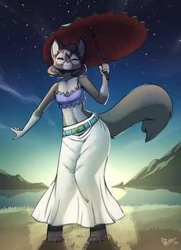 4_toes anthro barefoot belt bottomwear claws clothed clothing cloud crop_top eyes_closed feet female fully_clothed fur furgonomics grey_body grey_fur mountain shirt skirt sky smile star starry_sky sunset tail tail_through_skirt toes topwear translucent translucent_clothing umbrella wide_hips feretta vixavil_hayden canid canine fox mammal red_fox silver_fox true_fox digital_media_(artwork) hi_res