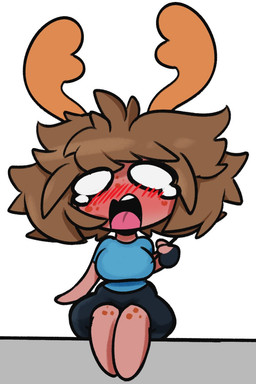 antlers big_breasts black_bottomwear black_clothing black_pants blue_clothing blue_topwear blush bottomwear breasts brown_hair chibi clothed clothed_female clothed_humanoid clothing female hair horn open_mouth pants simple_background solo topwear white_background blueberrygrizzly blueberry_grizzly_(blueberrygrizzly) animal_humanoid deer deer_humanoid humanoid mammal mammal_humanoid 2024 2:3 hi_res gynomorph_(lore)