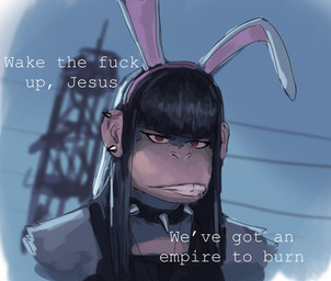 alternative_fashion anthro bangs black_hair clenched_teeth clothing collar dialogue facial_piercing fake_ears fake_rabbit_ears female fur goth grey_body grey_fur hair holidays lip_piercing looking_at_viewer piercing profanity purple_eyes shirt solo spiked_collar spikes tank_top teeth text topwear redustheriotact cd_projekt_red cyberpunk_2077 easter beth_(redustheriotact) haplorhine mammal monkey primate english_text hi_res
